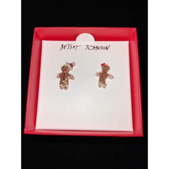 New Betsey Johnson Christmas Gingerbread Stud Earrings Sparkly Santa Hat And Bow - Picture 2 of 6